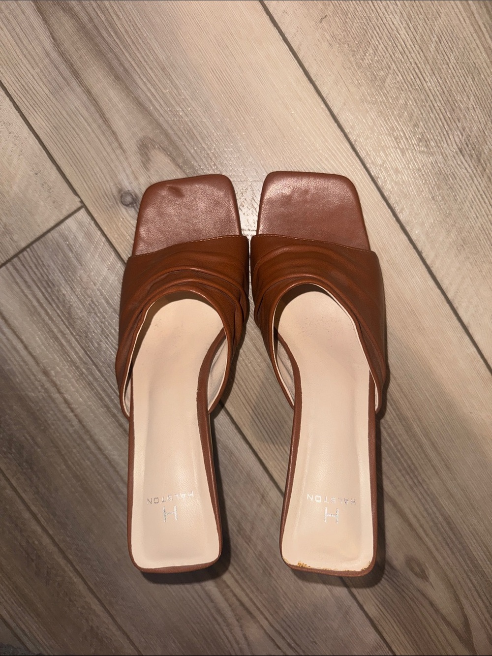 Halston Heritage Cognac Ruched Leather Slide heels - Picture 3 of 6
